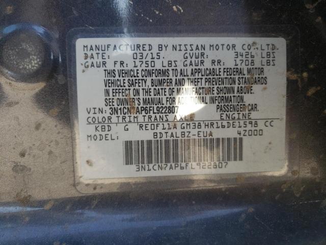 3N1CN7AP6FL922807 - 2015 NISSAN VERSA S GRAY photo 13