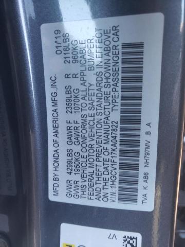 1HGCV1F17KA047822 - 2019 HONDA ACCORD LX GRAY photo 12