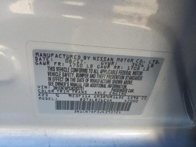 3N1CN7AP3JK393721 - 2018 NISSAN VERSA S SILVER photo 13