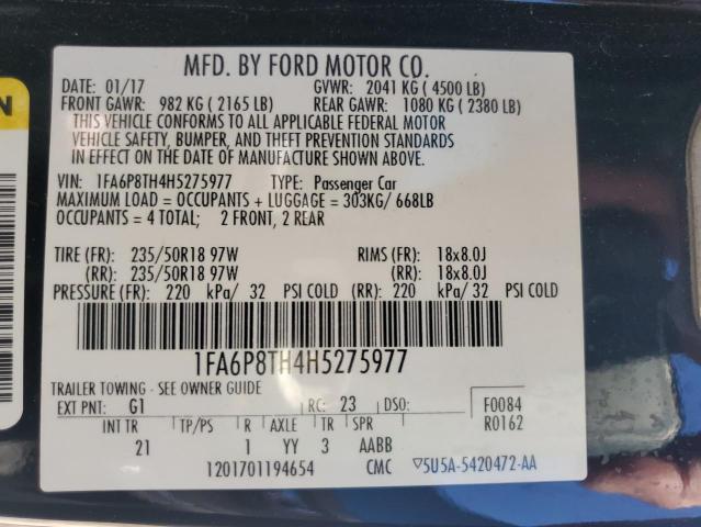 1FA6P8TH4H5275977 - 2017 FORD MUSTANG BLACK photo 12