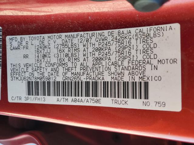 3TMJU62N78M059012 - 2008 TOYOTA TACOMA DOUBLE CAB PRERUNNER RED photo 12