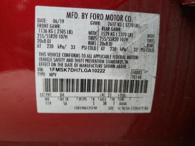 1FMSK7DH7LGA10222 - 2020 FORD EXPLORER XLT RED photo 12