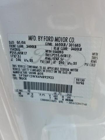 1FTRF12WX4NB92923 - 2004 FORD F150 WHITE photo 12