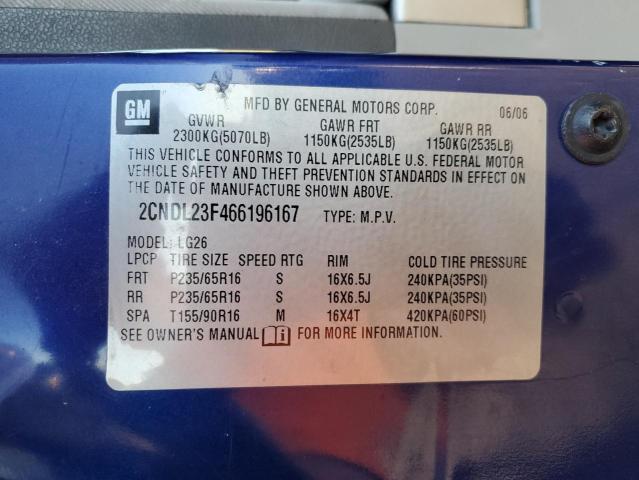 2CNDL23F466196167 - 2006 CHEVROLET EQUINOX LS BLUE photo 12