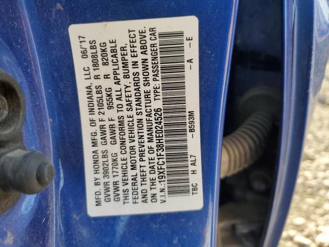 19XFC1F38HE024526 - 2017 HONDA CIVIC EX BLUE photo 12