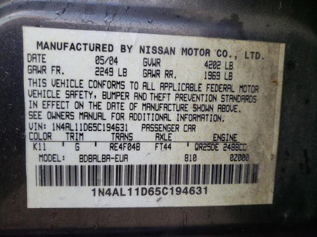 1N4AL11D65C194631 - 2005 NISSAN ALTIMA S GRAY photo 13