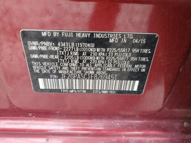 JF2GPASC1F8269451 - 2015 SUBARU XV CROSSTR SPORT LIMITED BURGUNDY photo 12