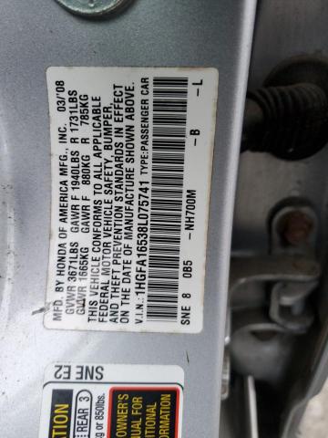 1HGFA16538L075741 - 2008 HONDA CIVIC LX SILVER photo 12