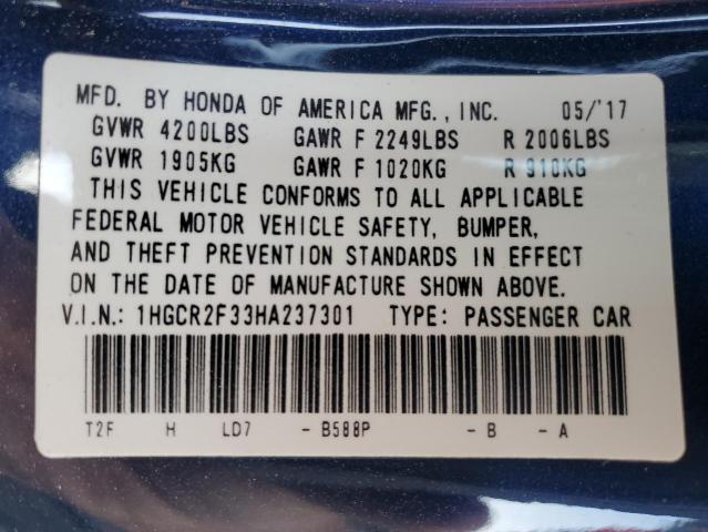 1HGCR2F33HA237301 - 2017 HONDA ACCORD LX BLUE photo 12