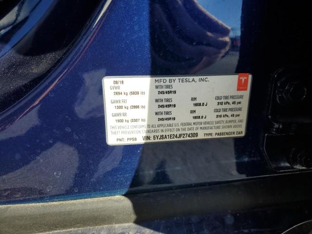 5YJSA1E24JF274309 - 2018 TESLA MODEL S BLUE photo 12