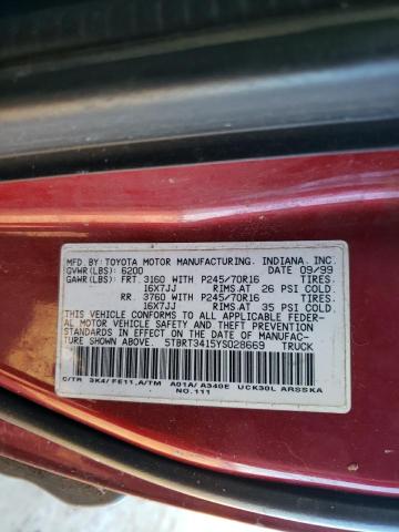 5TBRT3415YS028669 - 2000 TOYOTA TUNDRA ACCESS CAB წითელი ფოტო 12