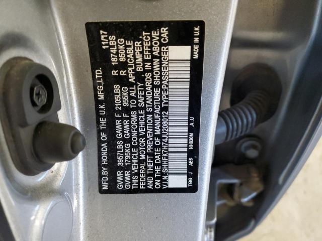 SHHFK7H74JU208012 - 2018 HONDA CIVIC EXL ვერცხლისფერი ფოტო 12