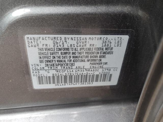 3N1AB7AP6KY381383 - 2019 NISSAN SENTRA S GRAY photo 12