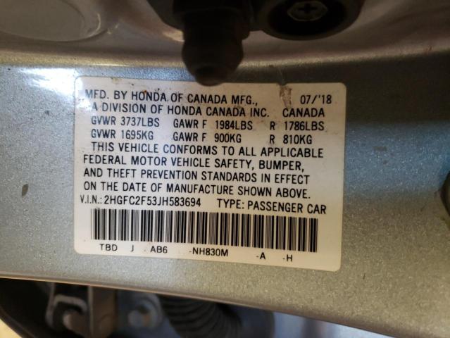 2HGFC2F53JH583694 - 2018 HONDA CIVIC LX SILVER photo 12