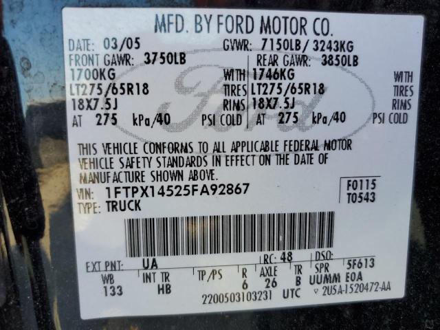 1FTPX14525FA92867 - 2005 FORD F150 BLACK photo 12