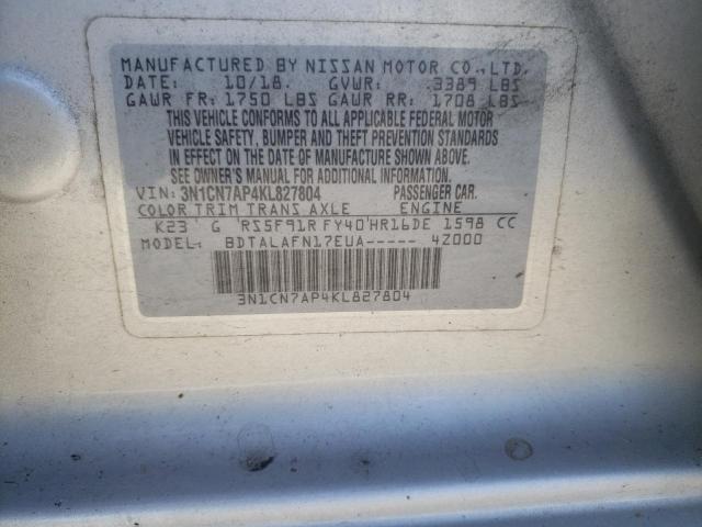 3N1CN7AP4KL827804 - 2019 NISSAN VERSA S SILVER photo 12