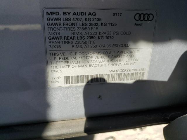 WA1BCCFS9HR014751 - 2017 AUDI Q3 PREMIUM GRAY photo 12