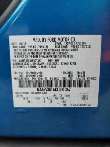 MAJ6S3GL6KC301367 - 2019 FORD ECOSPORT SE BLUE photo 12