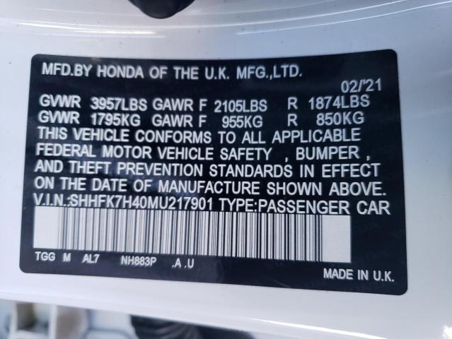 SHHFK7H40MU217901 - 2021 HONDA CIVIC SPORT 白色 照片 13