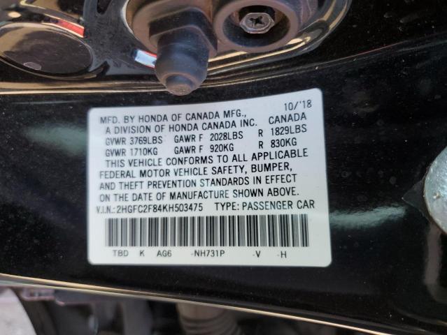 2HGFC2F84KH503475 - 2019 HONDA CIVIC SPORT 黑色 照片 12