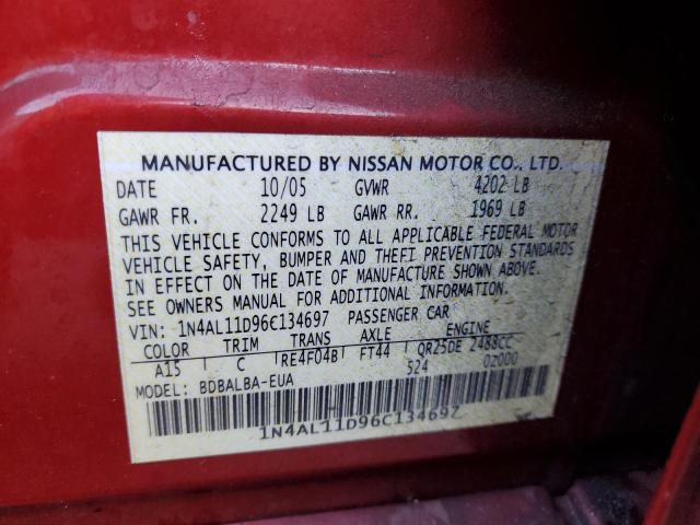 1N4AL11D96C134697 - 2006 NISSAN ALTIMA S BURGUNDY photo 12