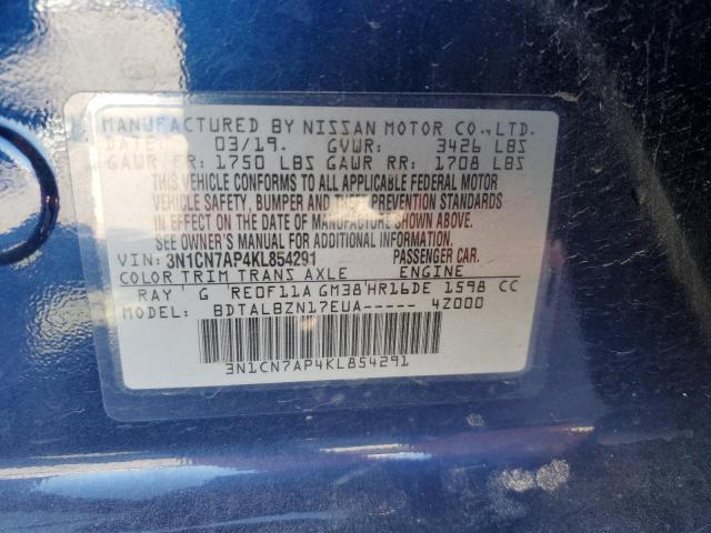 3N1CN7AP4KL854291 - 2019 NISSAN VERSA S BLUE photo 12