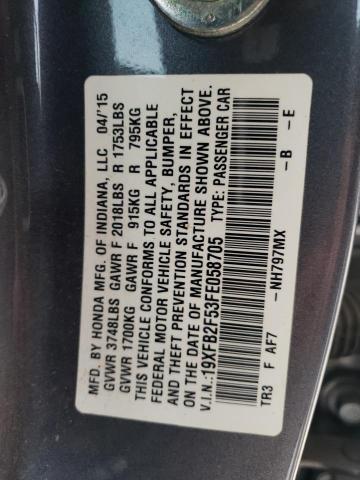 19XFB2F53FE058705 - 2015 HONDA CIVIC LX GRAY photo 12