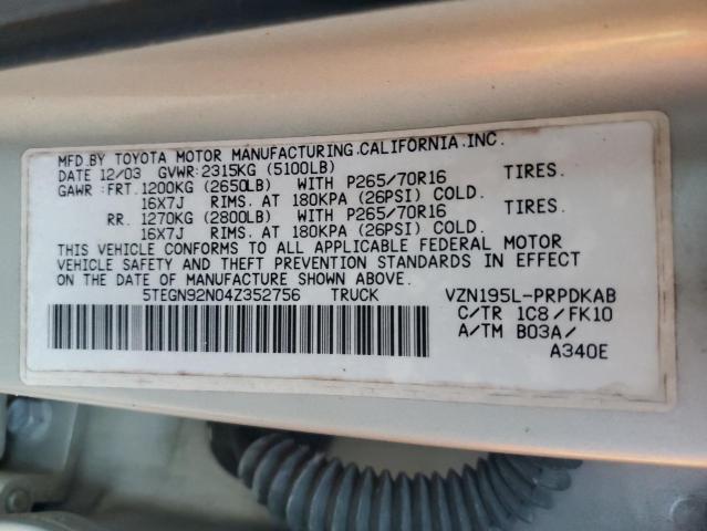 5TEGN92N04Z352756 - 2004 TOYOTA TACOMA DOUBLE CAB PRERUNNER SILVER photo 12