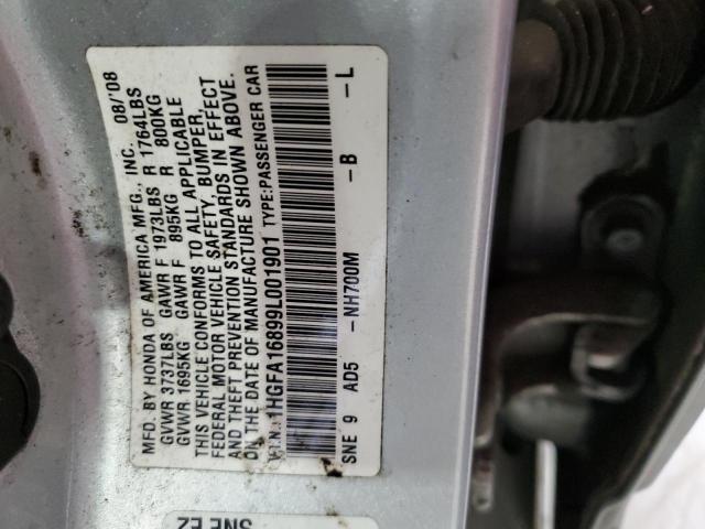 1HGFA16899L001901 - 2009 HONDA CIVIC EX SILVER photo 12