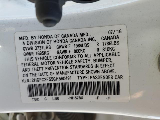 2HGFC2F55GH560491 - 2016 HONDA CIVIC LX WHITE photo 12