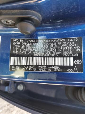 JTDKN3DU8A0170455 - 2010 TOYOTA PRIUS BLUE photo 12