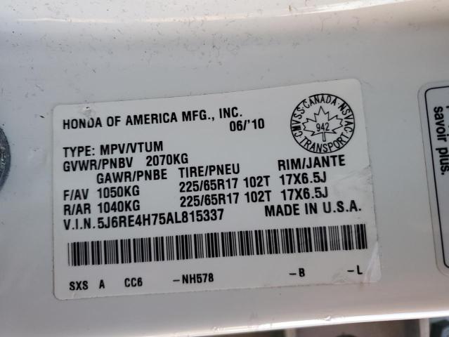 5J6RE4H75AL815337 - 2010 HONDA CR-V EXL WHITE photo 13