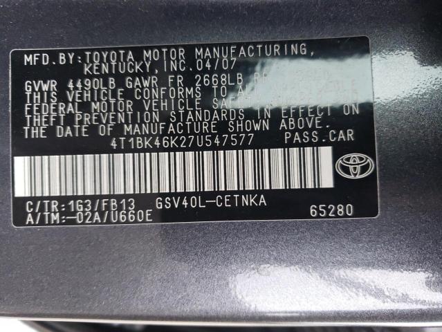 4T1BK46K27U547577 - 2007 TOYOTA CAMRY LE GRAY photo 12