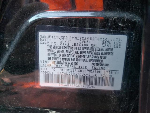 3N1AB7AP1KY433146 - 2019 NISSAN SENTRA S BLACK photo 12