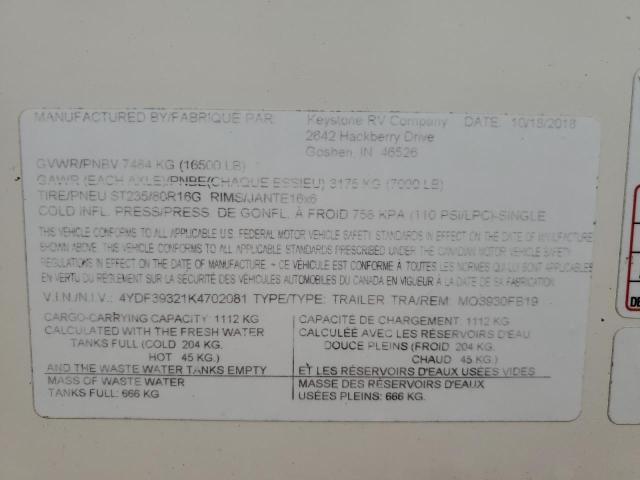 4YDF39321K4702081 - 2019 KEYSTONE TRAILER TWO TONE photo 10