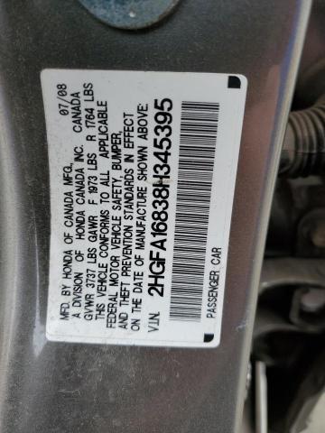 2HGFA16838H345395 - 2008 HONDA CIVIC EX GRAY photo 12