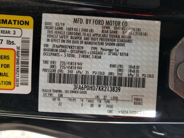 3FA6P0HD7KR213839 - 2019 FORD FUSION SE BLACK photo 12