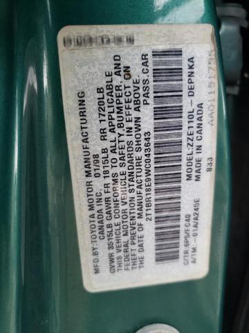 2T1BR18E9WC043643 - 1998 TOYOTA COROLLA VE GREEN photo 12