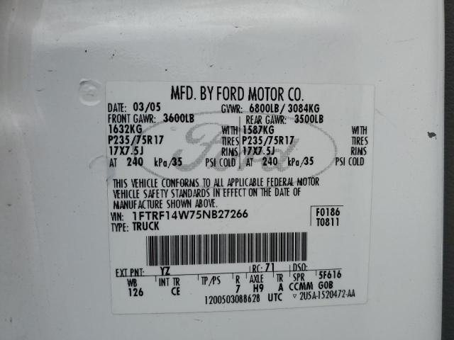 1FTRF14W75NB27266 - 2005 FORD F150 WHITE photo 12