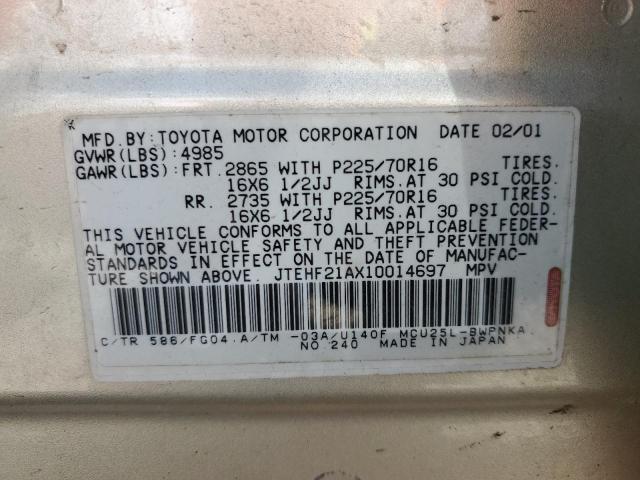 JTEHF21AX10014697 - 2001 TOYOTA HIGHLANDER GRAY photo 12