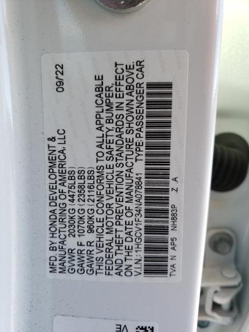 1HGCV1F34NA078841 - 2022 HONDA ACCORD SPORT WHITE photo 12