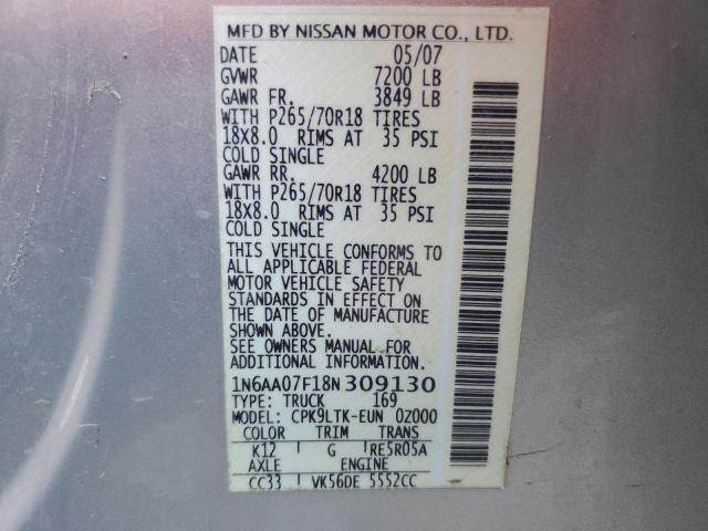 1N6AA07F18N309130 - 2008 NISSAN TITAN XE SILVER photo 12