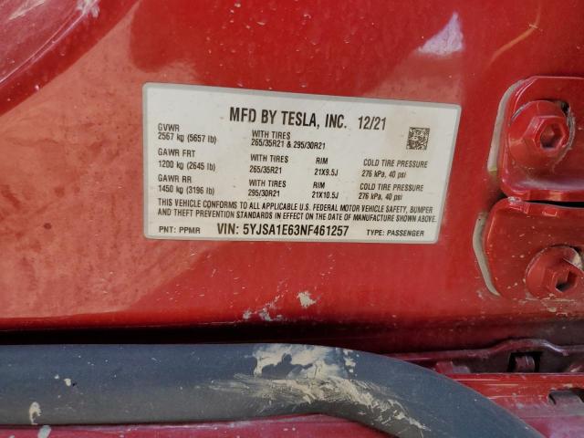 5YJSA1E63NF461257 - 2022 TESLA MODEL S წითელი ფოტო 12