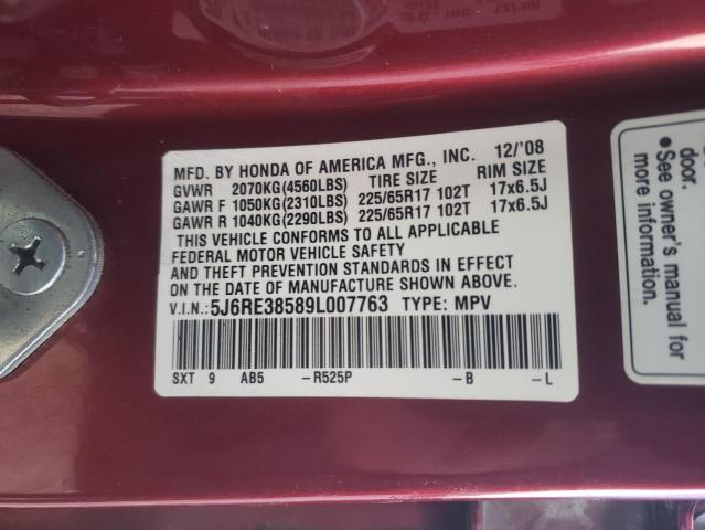 5J6RE38589L007763 - 2009 HONDA CR-V EX MAROON photo 13