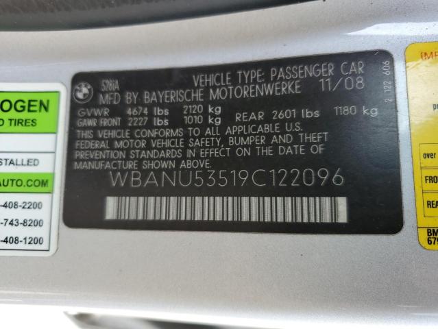 WBANU53519C122096 - 2009 BMW 528 I SILVER photo 12