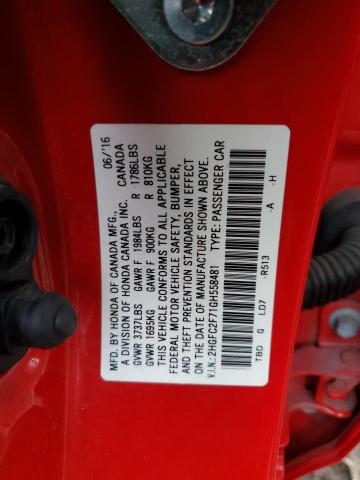 2HGFC2F71GH558481 - 2016 HONDA CIVIC EX RED photo 12