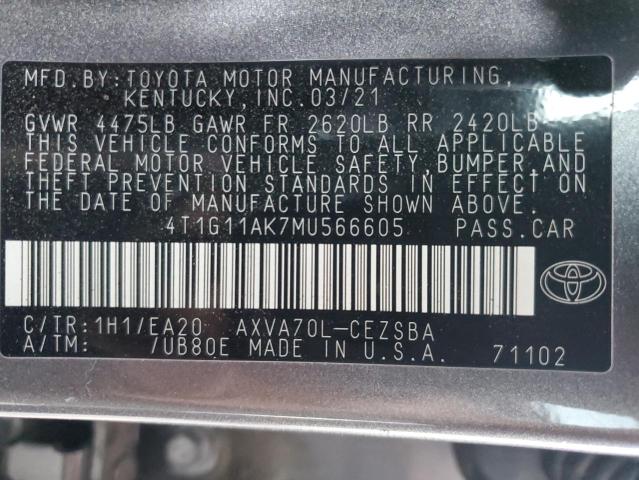 4T1G11AK7MU566605 - 2021 TOYOTA CAMRY SE GRAY photo 12