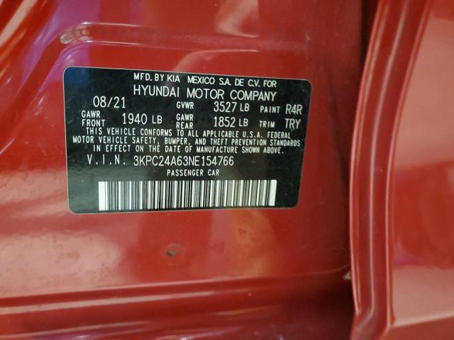 3KPC24A63NE154766 - 2022 HYUNDAI ACCENT SE RED photo 12