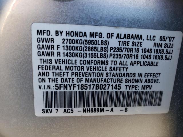 5FNYF18517B027145 - 2007 HONDA PILOT EXL SILVER photo 13