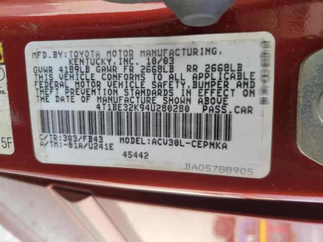 4T1BE32K94U280280 - 2004 TOYOTA CAMRY LE RED photo 12